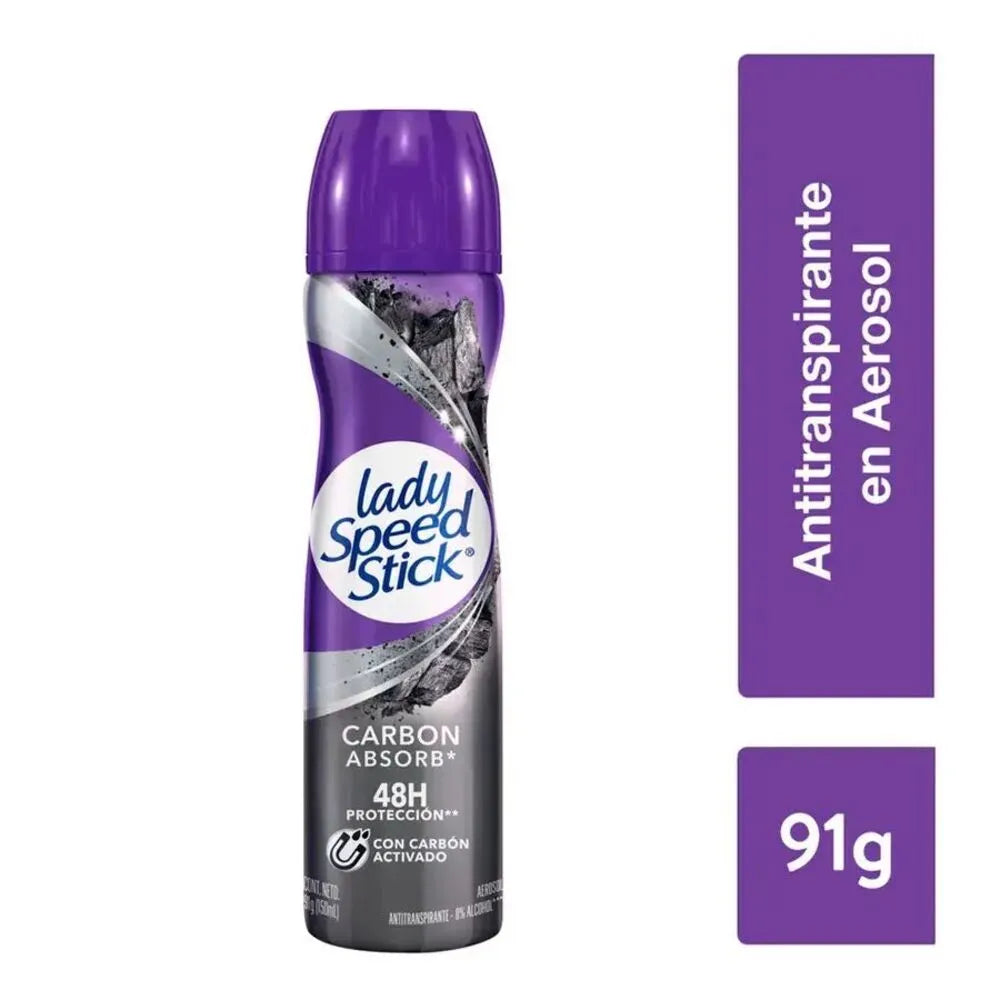 Desodorante Mujer LADY SPEED STICK Carbón Absorb Aerosol – Frasco 91 G